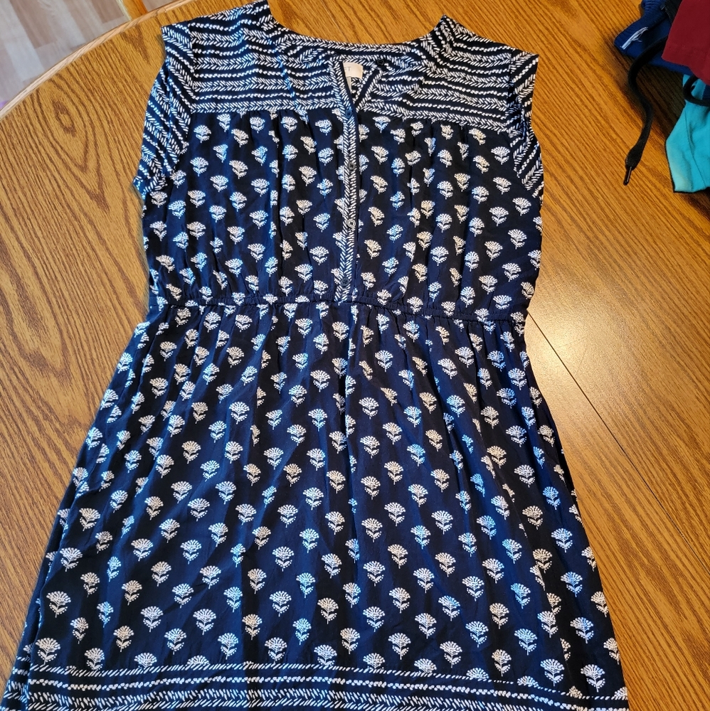 LOFT Summer Navy Blue Print Dress Size Large